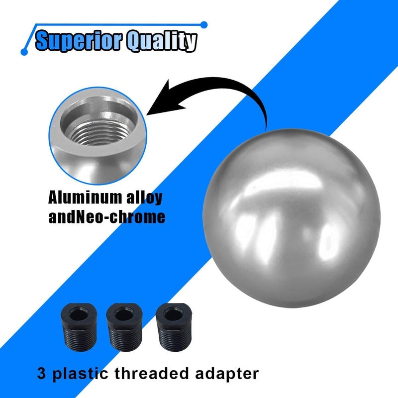 BDZMC Car Round Ball Gear Shift Knob, Aluminum Alloy Gear Shift Stick Head for Most Manual Vehicles with 3 Adapters M8, M10, M12 (Silver) - Image 3